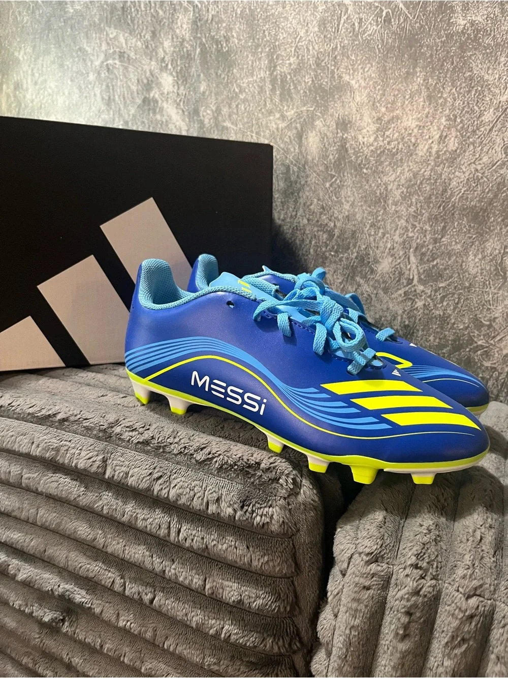 adidas Blue and Neon Yellow Messi Kids Soccer Cleats unisex 5